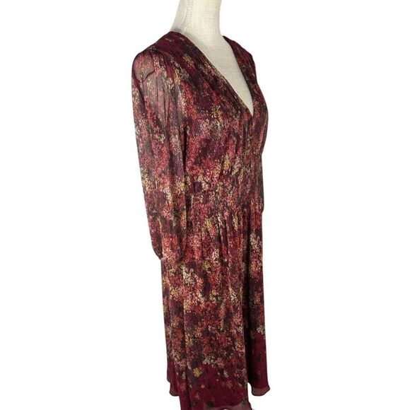 Maison Tara Curvy Size 14 Maroon Red Floral Metallic Pleat Fabric Dress - Picture 4 of 11
